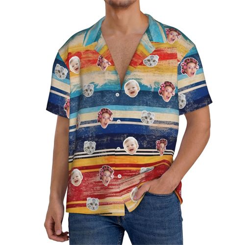 Chemises Hawaïennes Pour Hommes Personnalisées Texture Rayée De Serape Mexicain Grunge 12 Estivale À Manches Courtes Avec Photo De Votre Animal Compagnie, De Votre Bébé Ou Sur La Plage Cuba