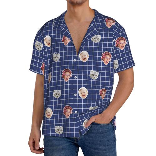 Chemises Hawaïennes Pour Hommes Personnalisées Rayures Bleu Marine 14 Estivale À Manches Courtes Avec Photo De Votre Animal Compagnie, De Votre Bébé Ou Sur La Plage Cuba