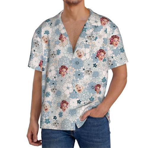 Chemises Hawaïennes Pour Hommes Personnalisées Groovy Boho Bleu Bébé Garçon Patrons 10 Estivale À Manches Courtes Avec Photo De Votre Animal Compagnie, De Votre Bébé Ou Sur La Plage Cuba