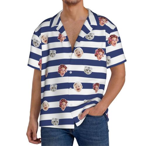 Chemises Hawaïennes Pour Hommes Personnalisées Rayures Bleu Marine 2 Estivale À Manches Courtes Avec Photo De Votre Animal Compagnie, De Votre Bébé Ou Sur La Plage Cuba