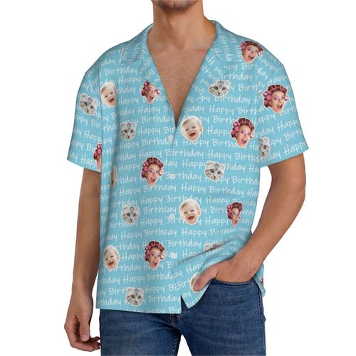 Chemises Hawaïennes Pour Hommes Personnalisées Texte Joyeux Anniversaire 56 Estivale À Manches Courtes Avec Photo De Votre Animal Compagnie, De Votre Bébé Ou Sur La Plage Cuba