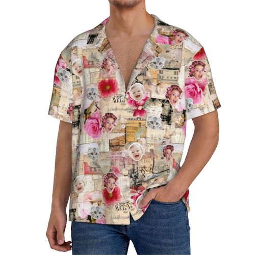 Chemises Hawaïennes Pour Hommes Personnalisées Journal Français Collage Rose Paris16 Estivale À Manches Courtes Avec Photo De Votre Animal Compagnie, De Votre Bébé Ou Sur La Plage Cuba