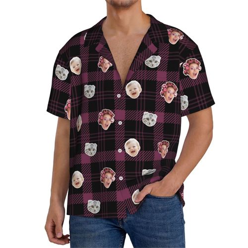Chemises Hawaïennes Pour Hommes Personnalisées Plaid Violet Et Noir 12 Estivale À Manches Courtes Avec Photo De Votre Animal Compagnie, De Votre Bébé Ou Sur La Plage Cuba