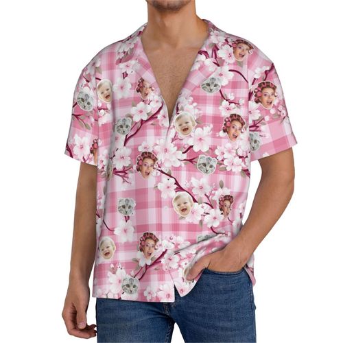 Chemises Hawaïennes Pour Hommes Personnalisées Motifs À Carreaux De Fleurs De Sakura Roses 7 Estivale À Manches Courtes Avec Photo De Votre Animal Compagnie, De Votre Bébé Ou Sur La Plage Cuba