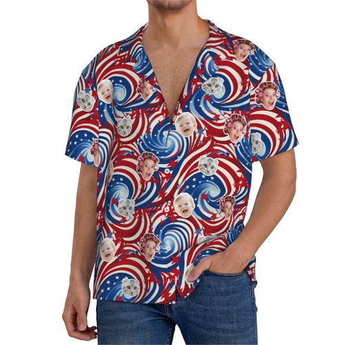 Chemises Hawaïennes Pour Hommes Personnalisées Tourbillons Du Drapeau Américain 6 Estivale À Manches Courtes Avec Photo De Votre Animal Compagnie, De Votre Bébé Ou Sur La Plage Cuba