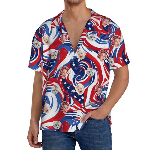Chemises Hawaïennes Pour Hommes Personnalisées Tourbillons Du Drapeau Américain 4 Estivale À Manches Courtes Avec Photo De Votre Animal Compagnie, De Votre Bébé Ou Sur La Plage Cuba