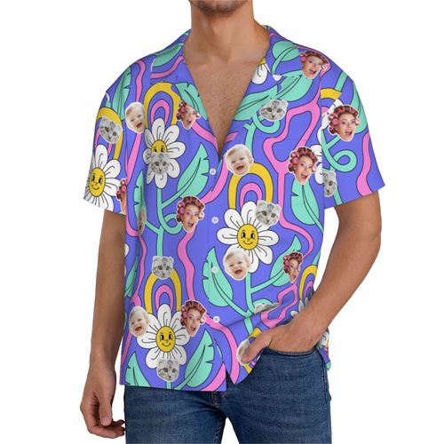 Chemises Hawaïennes Pour Hommes Personnalisées Psychédélique 1 Estivale À Manches Courtes Avec Photo De Votre Animal Compagnie, De Votre Bébé Ou Sur La Plage Cuba
