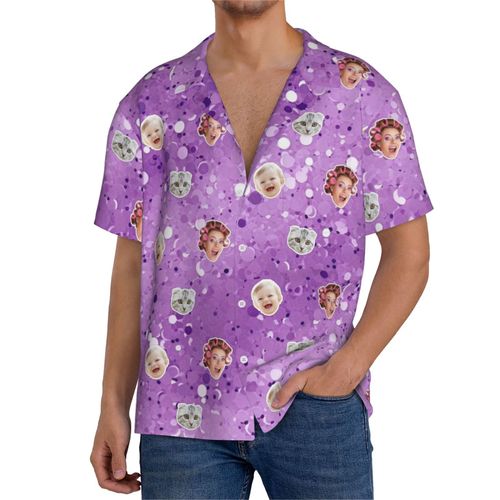 Chemises Hawaïennes Pour Hommes Personnalisées Paillettes Violettes 9 Estivale À Manches Courtes Avec Photo De Votre Animal Compagnie, De Votre Bébé Ou Sur La Plage Cuba