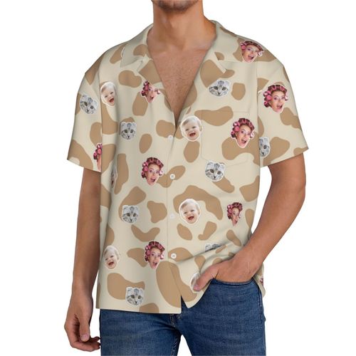 Chemises Hawaïennes Pour Hommes Personnalisées Imprimé Léopard Svg Fond Léopard 5 Estivale À Manches Courtes Avec Photo De Votre Animal Compagnie, De Votre Bébé Ou Sur La Plage Cuba