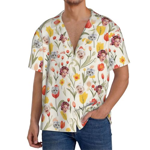 Chemises Hawaïennes Pour Hommes Personnalisées Motif Floral De Pâques Sans Couture 30 Estivale À Manches Courtes Avec Photo De Votre Animal Compagnie, De Votre Bébé Ou Sur La Plage Cuba
