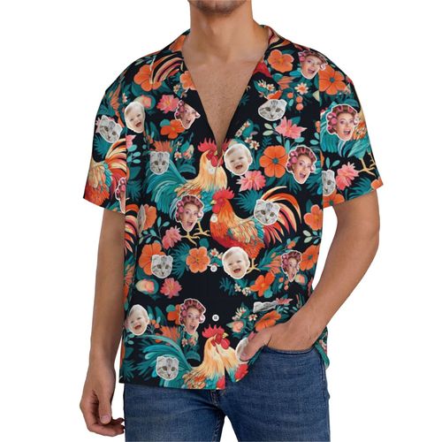 Chemises Hawaïennes Pour Hommes Personnalisées Poulet Bcbg 16 Estivale À Manches Courtes Avec Photo De Votre Animal Compagnie, De Votre Bébé Ou Sur La Plage Cuba