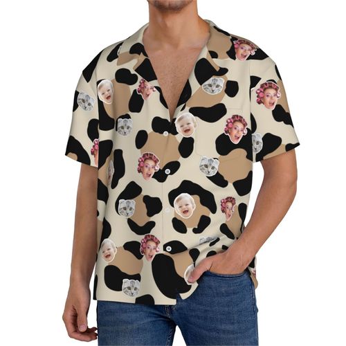 Chemises Hawaïennes Pour Hommes Personnalisées Imprimé Léopard Svg Fond Léopard 2 Estivale À Manches Courtes Avec Photo De Votre Animal Compagnie, De Votre Bébé Ou Sur La Plage Cuba