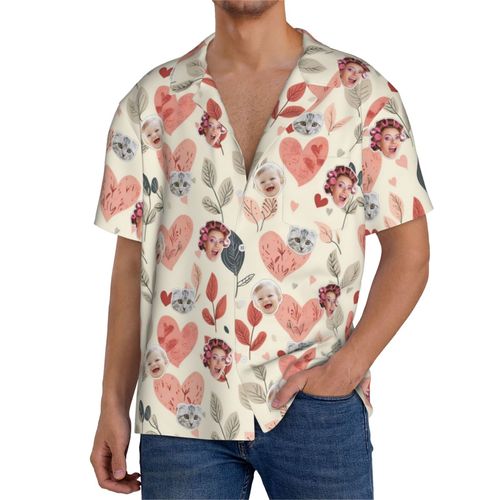 Chemises Hawaïennes Pour Hommes Personnalisées Patter De Feuilles De Coeurs Cottagecore Vintage 2 Estivale À Manches Courtes Avec Photo De Votre Animal Compagnie, De Votre Bébé Ou Sur La Plage Cuba