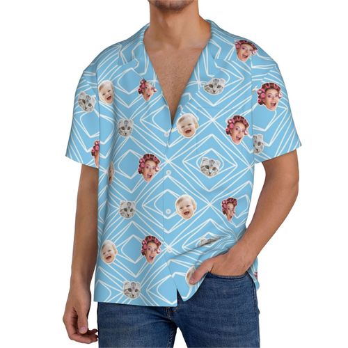 Chemises Hawaïennes Pour Hommes Personnalisées Bleu Clair Et Blanc 20 Estivale À Manches Courtes Avec Photo De Votre Animal Compagnie, De Votre Bébé Ou Sur La Plage Cuba