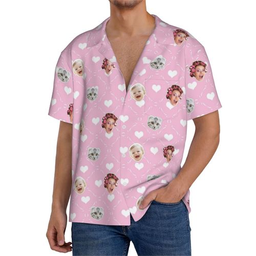 Chemises Hawaïennes Pour Hommes Personnalisées Coeurs Rose Clair Et Noirs 5 Estivale À Manches Courtes Avec Photo De Votre Animal Compagnie, De Votre Bébé Ou Sur La Plage Cuba