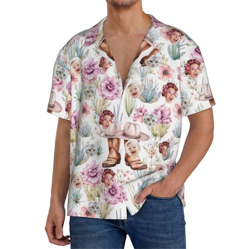 Chemises Hawaïennes Pour Hommes Personnalisées Western Floral Bohème Sans Couture 7 Estivale À Manches Courtes Avec Photo De Votre Animal Compagnie, De Votre Bébé Ou Sur La Plage Cuba