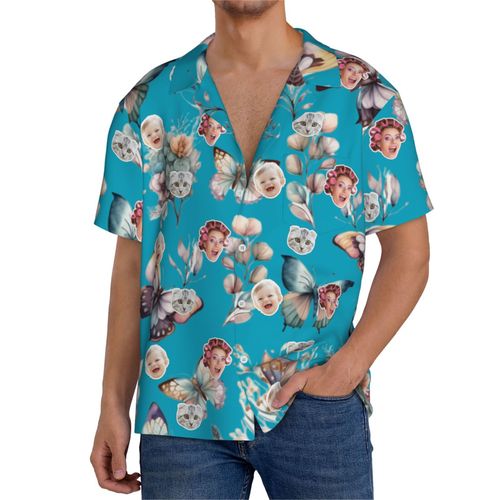 Chemises Hawaïennes Pour Hommes Personnalisées Papillon Aquarelle Sans Couture 3 Estivale À Manches Courtes Avec Photo De Votre Animal Compagnie, De Votre Bébé Ou Sur La Plage Cuba