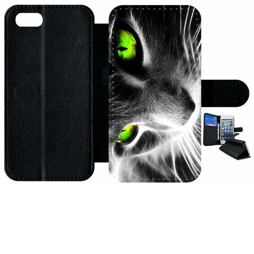 Etui À Rabat Iphone 8 - Chat Noir Et Blanc Yeux Vert - Simili-Cuir - Noir
