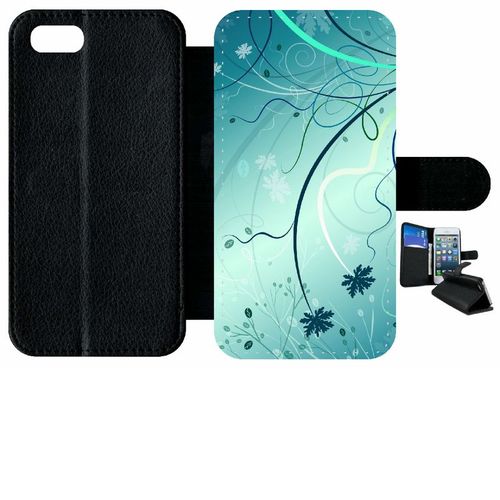 Etui À Rabat Iphone 8 - Abstrait Turquoise Fleur - Simili-Cuir - Noir