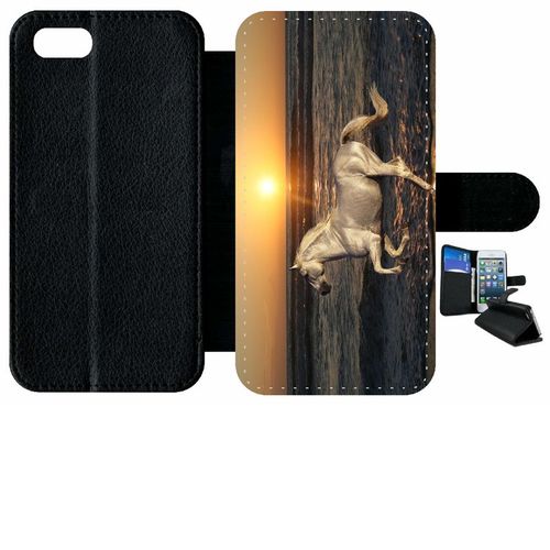 Etui À Rabat Iphone 8 - Cheval Blanc Couché De Soleil Sur La Plage - Simili-Cuir - Noir