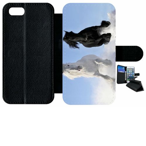 Etui À Rabat Iphone 8 - Chevaux Blanc Et Noir Dans La Neige - Simili-Cuir - Noir