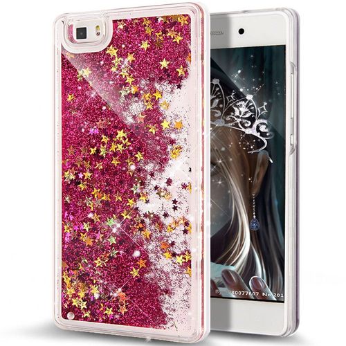 Coque Huawei P8 Lite Liquide Rose Fushia Paillettes & Etoiles Silicone Rigide (Tpu)