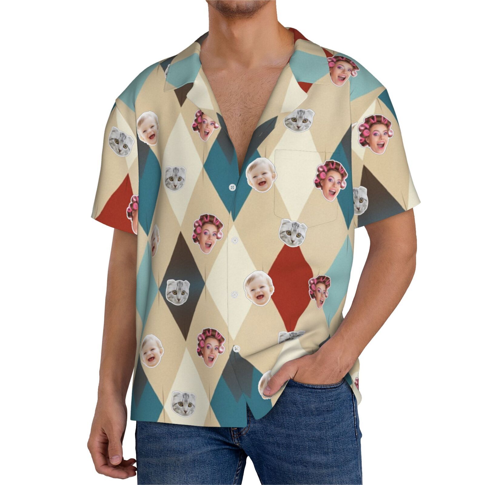 Chemises Hawaïennes Pour Hommes Personnalisées Motif Clown 14 Estivale À Manches Courtes Avec Photo De Votre Animal Compagnie, De Votre Bébé Ou Sur La Plage Cuba