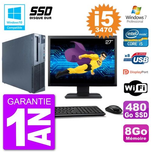 PC Lenovo M82 SFF Ecran 27" i5-3470 RAM 8Go SSD 480Go Graveur DVD Wifi W7
