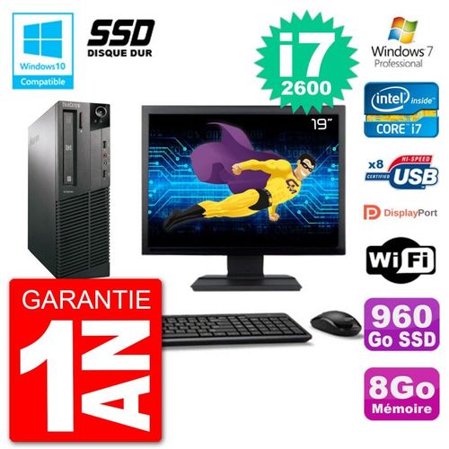 PC Lenovo M82 SFF Ecran 19" i7-2600 RAM 8Go SSD 960Go Graveur DVD Wifi W7