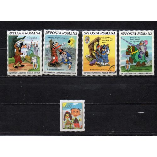 Roumanie- Lot De 4 Timbres Oblitérés Dessins Animés Walt Disney Et 1 Timbre Oblitéré Dessin D' Enfant