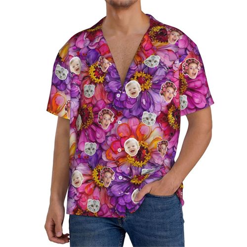 Chemises Hawaïennes Pour Hommes Personnalisées Motif D'encre À L'alcool Floral Zinnia Elegans 1 Estivale À Manches Courtes Avec Photo De Votre Animal Compagnie, De Votre Bébé Ou Sur La Plage Cuba