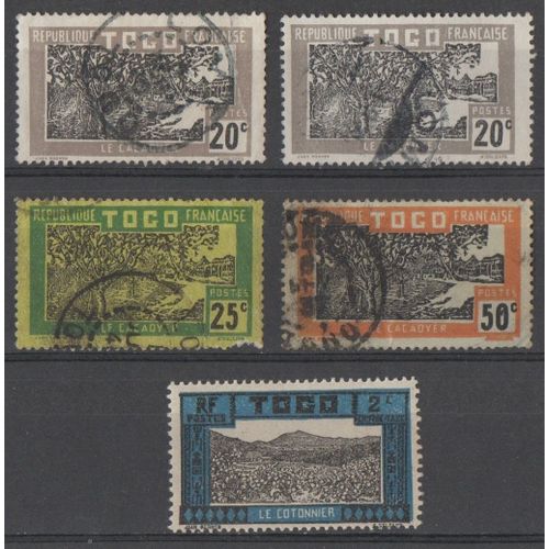 5 Timbres Togo 1924 1925 Yvert Et Tellier N°130 (2) 131 136 Cacaoyer Oblitérés + Timbre Taxe N°9 Neuf* Traces De Charnière