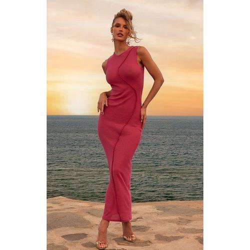 Robe Mi-Longue Texturée Rose À Coutures Apparentes, 36