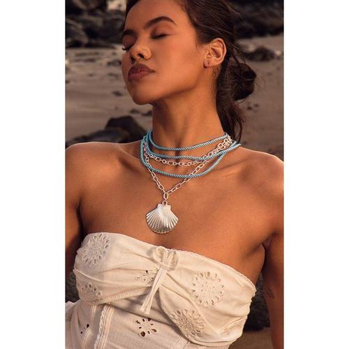 Collier Xxl Argenté Corde Et Chaîne À Détail Coquillage, One Size