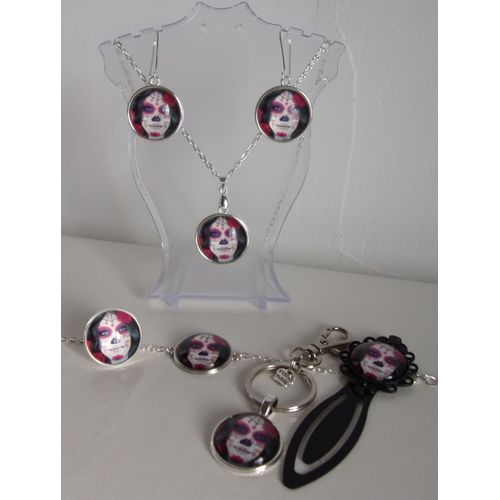 Parure Complète 6 Pièces Cabochons 2cm "Tête De Mort Rose