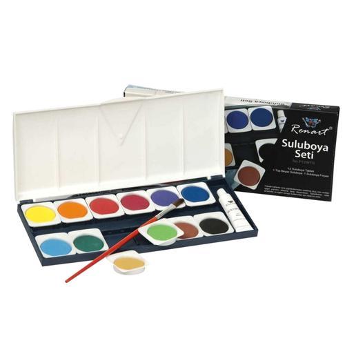 Kit De Peinture A L'eau Enfant Aquarelle Set De 12 Pastilles Tablettes Godets Couleurs Tube Blanc Pinceau Palette