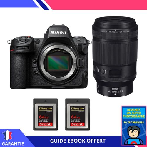 Nikon Z8 + Z MC 105mm f/2.8 VR S Macro + 2 SanDisk 64GB Extreme PRO CFexpress Type B + Ebook 'Devenez Un Super Photographe' - Hybride Nikon