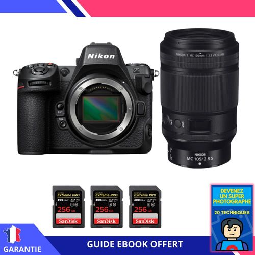 Nikon Z8 + Z MC 105mm f/2.8 VR S Macro + 3 SanDisk 256GB Extreme PRO UHS-II SDXC 300 MB/s + Ebook 'Devenez Un Super Photographe' - Hybride Nikon
