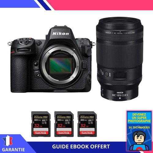 Nikon Z8 + Z MC 105mm f/2.8 VR S Macro + 3 SanDisk 32GB Extreme PRO UHS-II SDXC 300 MB/s + Ebook 'Devenez Un Super Photographe' - Hybride Nikon