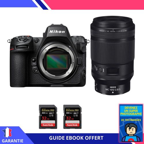 Nikon Z8 + Z MC 105mm f/2.8 VR S Macro + 2 SanDisk 32GB Extreme PRO UHS-II SDXC 300 MB/s + Ebook 'Devenez Un Super Photographe' - Hybride Nikon