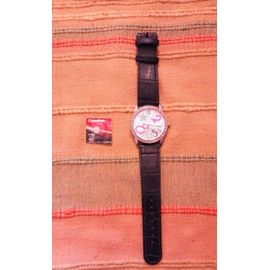 Montre Cadran Acier Strass Coloré Manche Noir + Pile