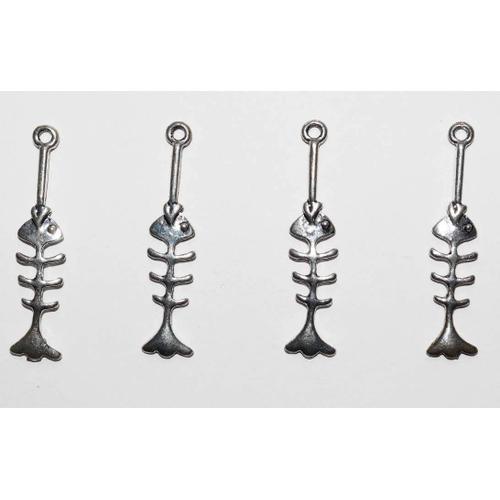 4 Breloques Pendants Squelettes Poissons, Métal Argenté