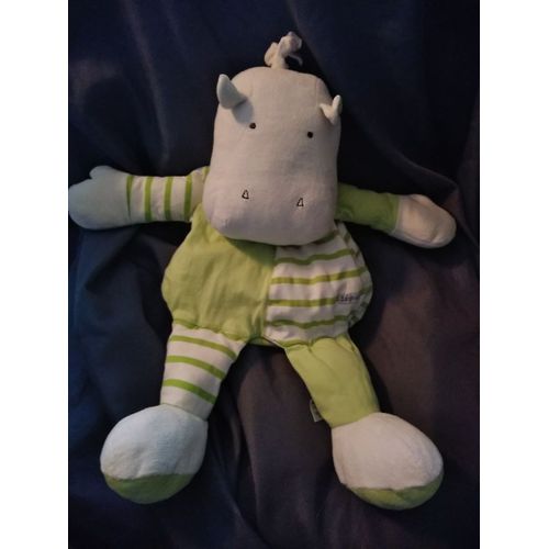 Doudou Peluche Hippopotame Range Pyjama Vert Ecru Rayé Babysun