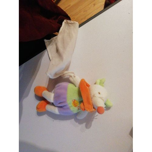Doudou Souris Blanc,Orange, Mauve Et Vert, Mouchoir Blanc, Baby Nat,