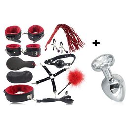Ensemble Complet Bondage Kit Sm Soumission Fétiche - Noir - Rouge - 11 Pièces : Rosebud, Menottes, Bandeau, Fouet, Boule, Pinces Tétons...