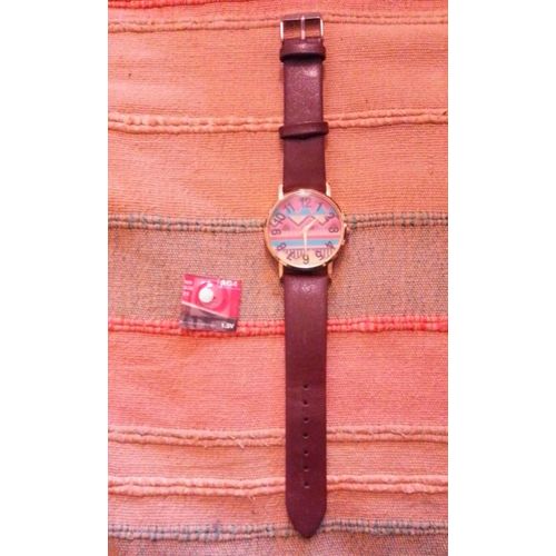 Montre Cadran Métal Doré Motifs Colorés Bracelet Marron + Pile