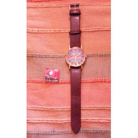 Montre Cadran Métal Doré Motifs Colorés Bracelet Marron + Pile