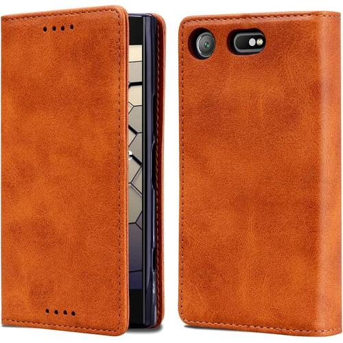 Coque Sony Xperia Xz1 Compact, Housse Etui En Cuir Pu Premium Portefeuille De Protection Béquille Fentes Pour Cartes Magnétique Pour Sony Xperia Xz1 Compact Café