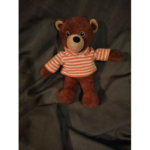 Doudou Peluche Petit Ours Brun Marron Rayé Rouge Ajena