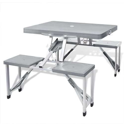 Jeu De Table De Camping Pliable Avec 4 Tabourets Aluminium Gris Clair